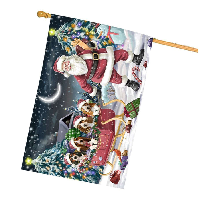 Merry Christmas Happy Holiday Santa Sled Basset Hound Dogs House Flag