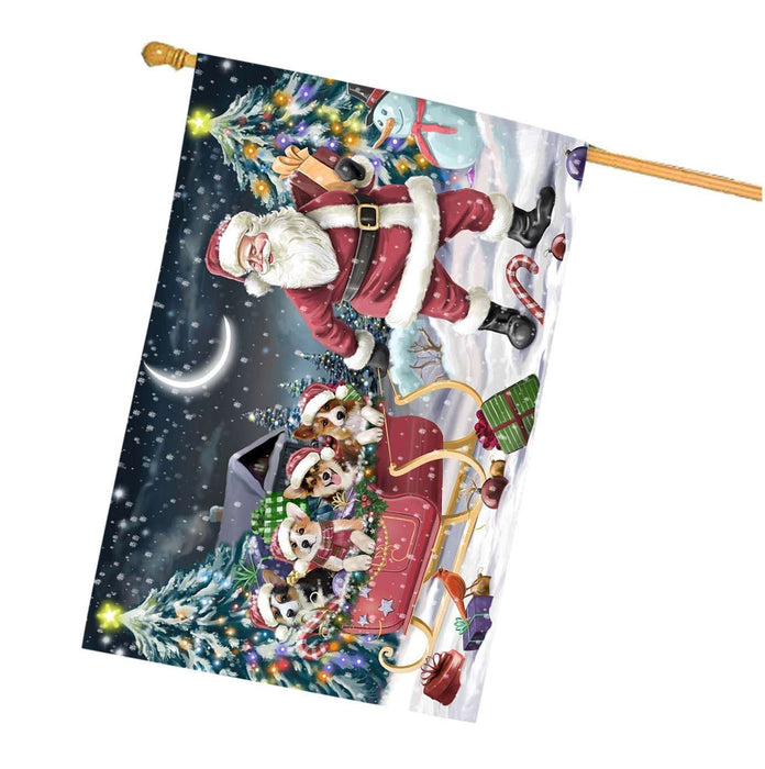 Merry Christmas Happy Holiday Santa Sled Corgi Dogs House Flag