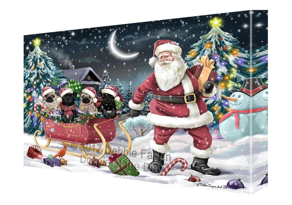 Merry Christmas Happy Holiday Santa Sled Pugs Dog Canvas Wall Art D085