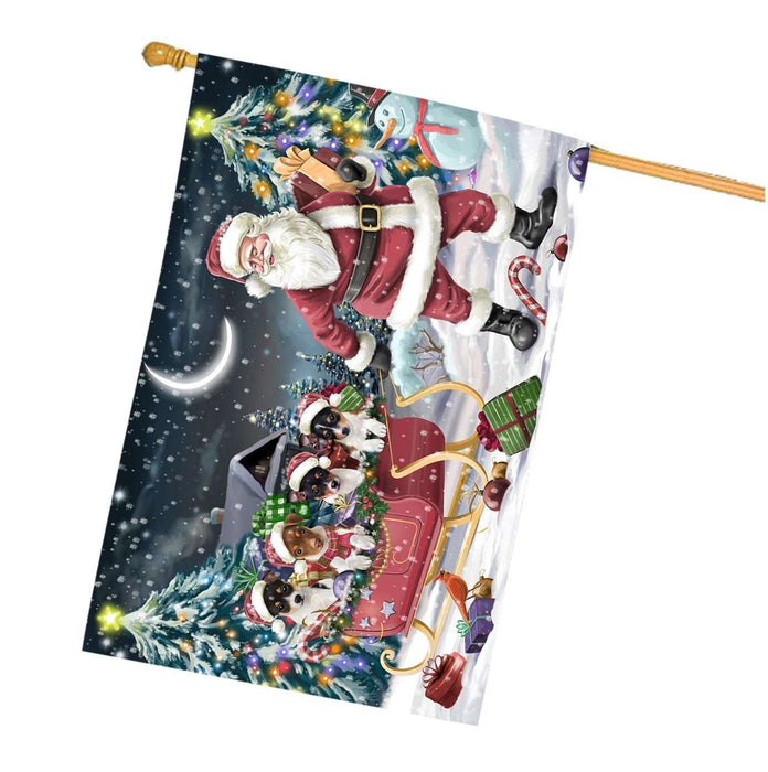 Merry Christmas Happy Holiday Santa Sled Rat Terrier Dogs House Flag