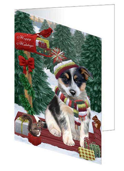 Merry Christmas Woodland Sled Blue Heeler Dog Handmade Artwork Assorted Pets Greeting Cards and Note Cards with Envelopes for All Occasions and Holiday Seasons GCD69080