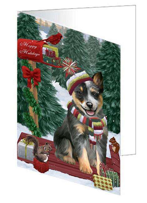 Merry Christmas Woodland Sled Blue Heeler Dog Handmade Artwork Assorted Pets Greeting Cards and Note Cards with Envelopes for All Occasions and Holiday Seasons GCD69083