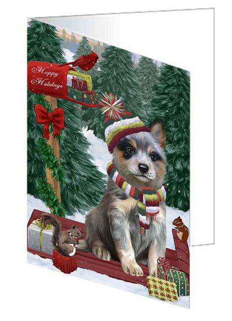 Merry Christmas Woodland Sled Blue Heeler Dog Handmade Artwork Assorted Pets Greeting Cards and Note Cards with Envelopes for All Occasions and Holiday Seasons GCD69086