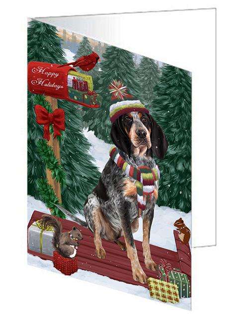 Merry Christmas Woodland Sled Bluetick Coonhound Dog Handmade Artwork Assorted Pets Greeting Cards and Note Cards with Envelopes for All Occasions and Holiday Seasons GCD69089