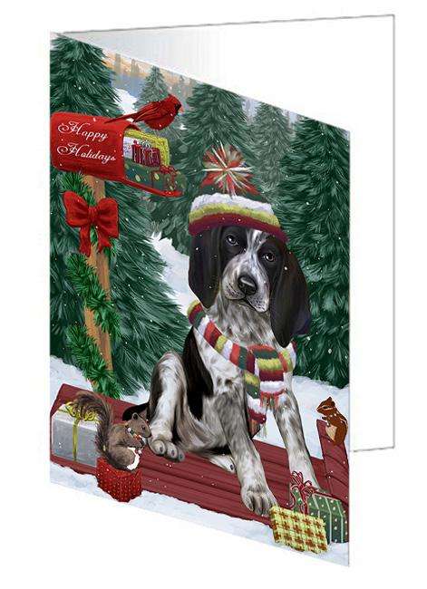 Merry Christmas Woodland Sled Bluetick Coonhound Dog Handmade Artwork Assorted Pets Greeting Cards and Note Cards with Envelopes for All Occasions and Holiday Seasons GCD69092