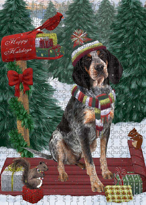 Merry Christmas Woodland Sled Bluetick Coonhound Dog Puzzle with Photo Tin PUZL87512