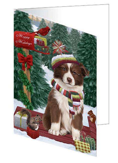 Merry Christmas Woodland Sled Border Collie Dog Handmade Artwork Assorted Pets Greeting Cards and Note Cards with Envelopes for All Occasions and Holiday Seasons GCD69101