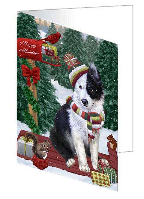 Merry Christmas Woodland Sled Border Collie Dog Handmade Artwork Assorted Pets Greeting Cards and Note Cards with Envelopes for All Occasions and Holiday Seasons GCD69107