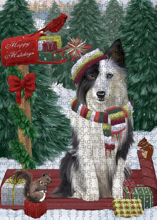 Merry Christmas Woodland Sled Border Collie Dog Puzzle with Photo Tin PUZL87520