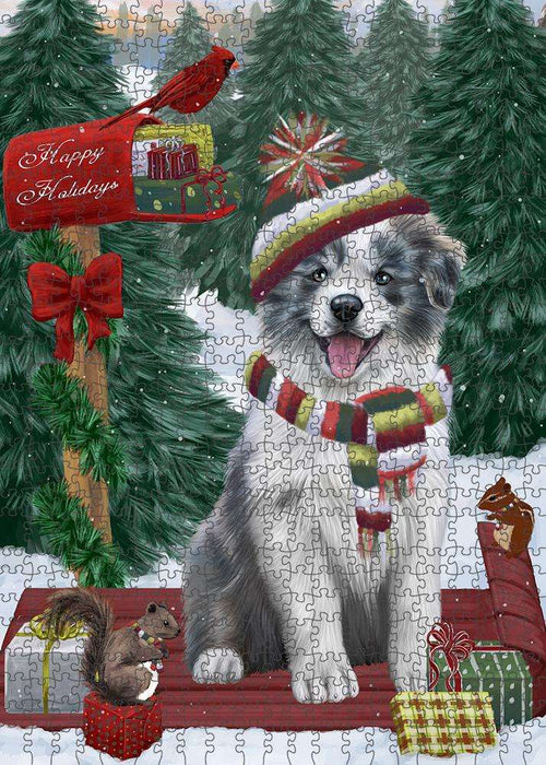 Merry Christmas Woodland Sled Border Collie Dog Puzzle with Photo Tin PUZL87532
