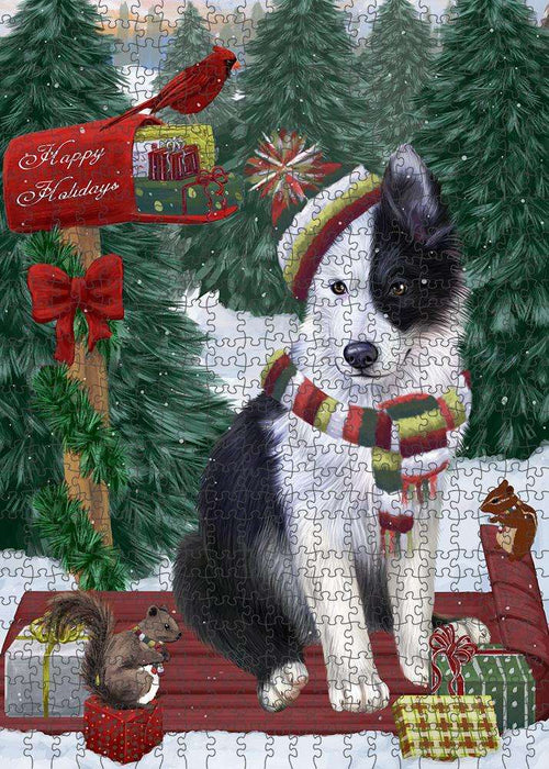 Merry Christmas Woodland Sled Border Collie Dog Puzzle with Photo Tin PUZL87536
