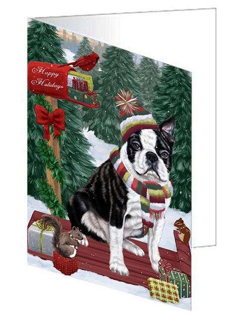 Merry Christmas Woodland Sled Boston Terrier Dog Handmade Artwork Assorted Pets Greeting Cards and Note Cards with Envelopes for All Occasions and Holiday Seasons GCD69110