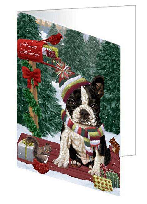 Merry Christmas Woodland Sled Boston Terrier Dog Handmade Artwork Assorted Pets Greeting Cards and Note Cards with Envelopes for All Occasions and Holiday Seasons GCD69113