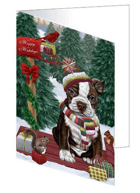Merry Christmas Woodland Sled Boston Terrier Dog Handmade Artwork Assorted Pets Greeting Cards and Note Cards with Envelopes for All Occasions and Holiday Seasons GCD69116