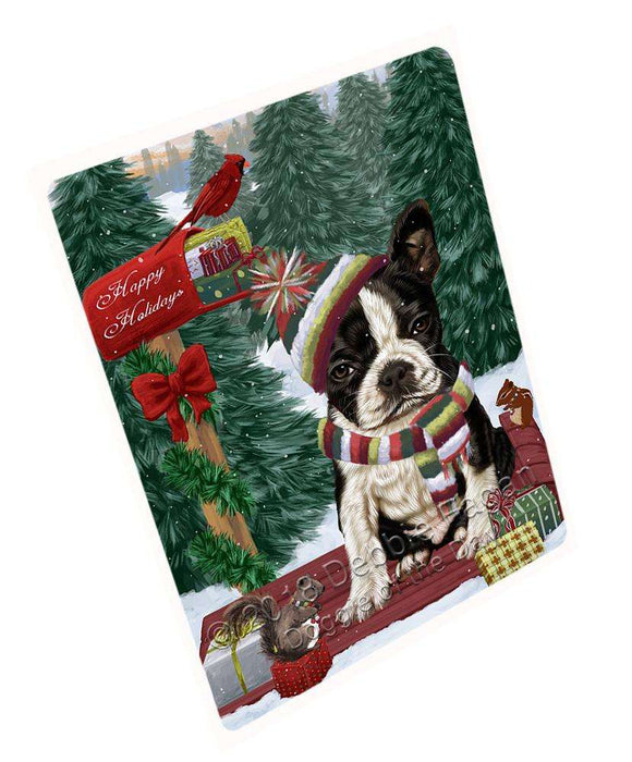 Merry Christmas Woodland Sled Boston Terrier Dog Large Refrigerator / Dishwasher Magnet RMAG91464