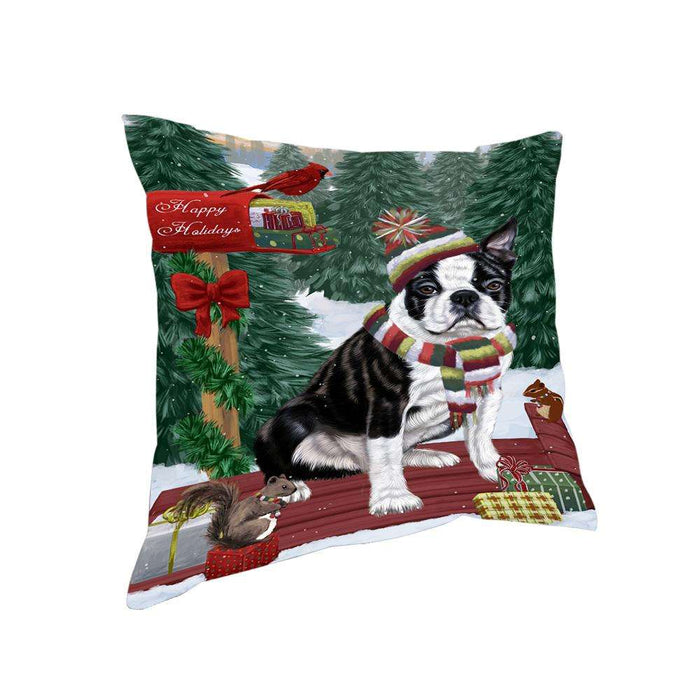 Merry Christmas Woodland Sled Boston Terrier Dog Pillow PIL76732