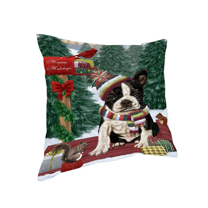 Merry Christmas Woodland Sled Boston Terrier Dog Pillow PIL76736