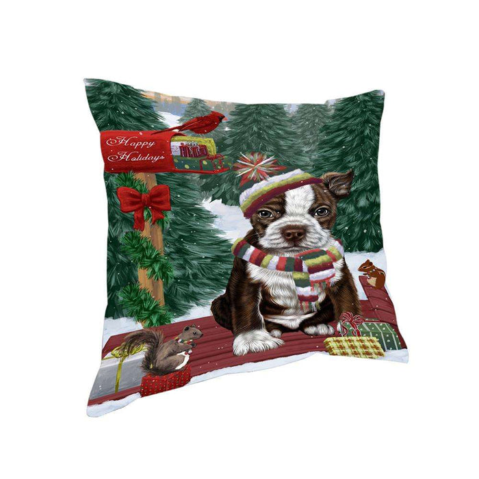 Merry Christmas Woodland Sled Boston Terrier Dog Pillow PIL76740
