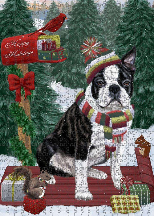 Merry Christmas Woodland Sled Boston Terrier Dog Puzzle with Photo Tin PUZL87540
