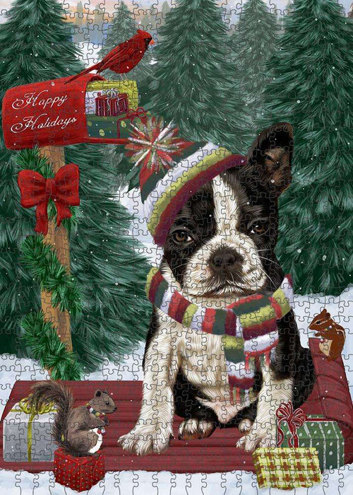Merry Christmas Woodland Sled Boston Terrier Dog Puzzle with Photo Tin PUZL87544