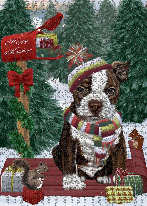 Merry Christmas Woodland Sled Boston Terrier Dog Puzzle with Photo Tin PUZL87548
