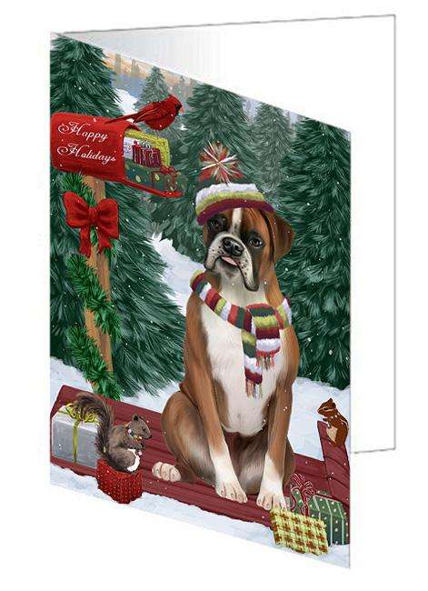 Merry Christmas Woodland Sled Boxer Dog Handmade Artwork Assorted Pets Greeting Cards and Note Cards with Envelopes for All Occasions and Holiday Seasons GCD69119