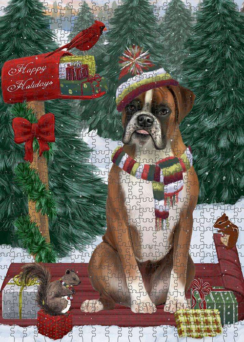 Merry Christmas Woodland Sled Boxer Dog Puzzle with Photo Tin PUZL87552