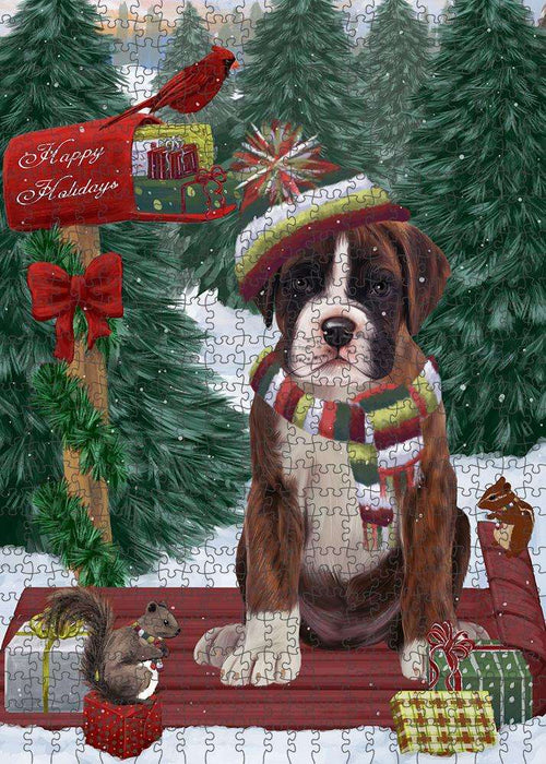 Merry Christmas Woodland Sled Boxer Dog Puzzle with Photo Tin PUZL87556