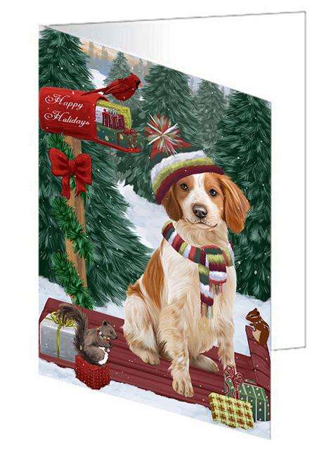 Merry Christmas Woodland Sled Brittany Spaniel Dog Handmade Artwork Assorted Pets Greeting Cards and Note Cards with Envelopes for All Occasions and Holiday Seasons GCD69125