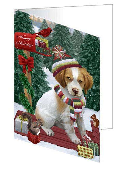 Merry Christmas Woodland Sled Brittany Spaniel Dog Handmade Artwork Assorted Pets Greeting Cards and Note Cards with Envelopes for All Occasions and Holiday Seasons GCD69128