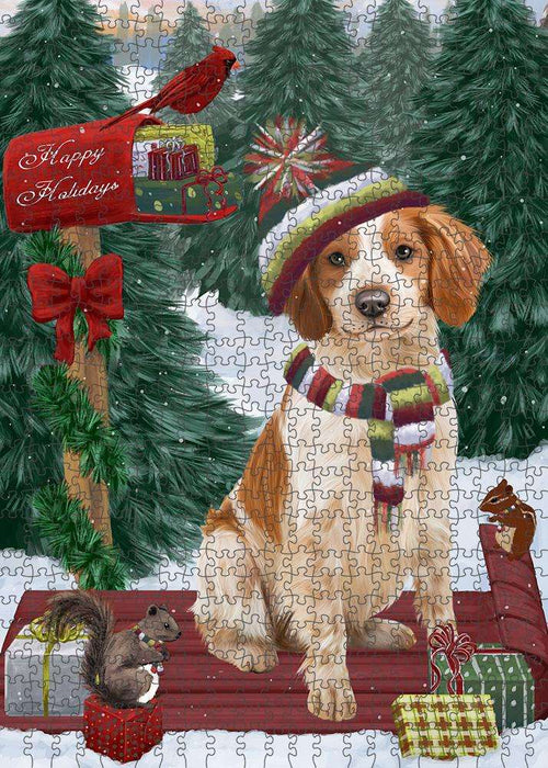 Merry Christmas Woodland Sled Brittany Spaniel Dog Puzzle with Photo Tin PUZL87560