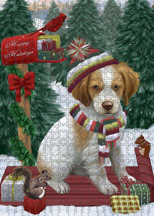 Merry Christmas Woodland Sled Brittany Spaniel Dog Puzzle with Photo Tin PUZL87564