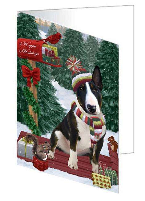 Merry Christmas Woodland Sled Bull Terrier Dog Handmade Artwork Assorted Pets Greeting Cards and Note Cards with Envelopes for All Occasions and Holiday Seasons GCD69131