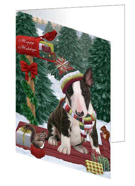 Merry Christmas Woodland Sled Bull Terrier Dog Handmade Artwork Assorted Pets Greeting Cards and Note Cards with Envelopes for All Occasions and Holiday Seasons GCD69134