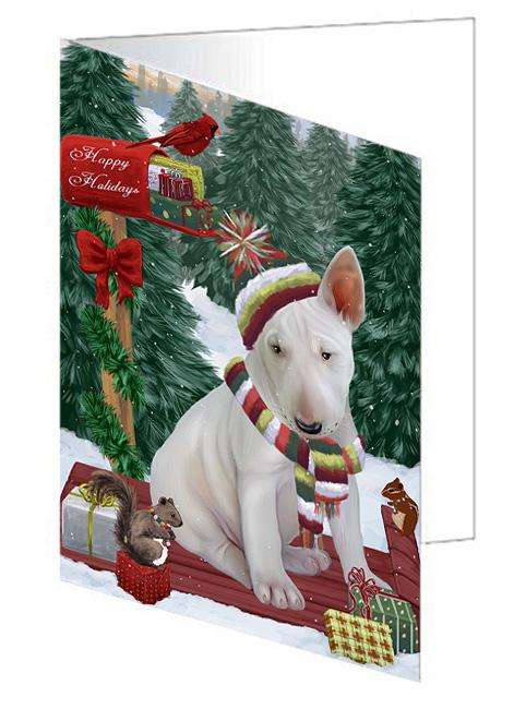 Merry Christmas Woodland Sled Bull Terrier Dog Handmade Artwork Assorted Pets Greeting Cards and Note Cards with Envelopes for All Occasions and Holiday Seasons GCD69137