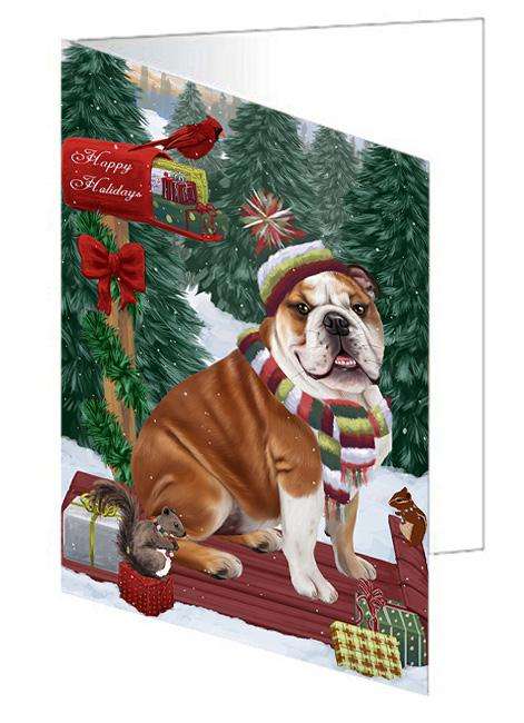 Merry Christmas Woodland Sled Bulldog Handmade Artwork Assorted Pets Greeting Cards and Note Cards with Envelopes for All Occasions and Holiday Seasons GCD69140