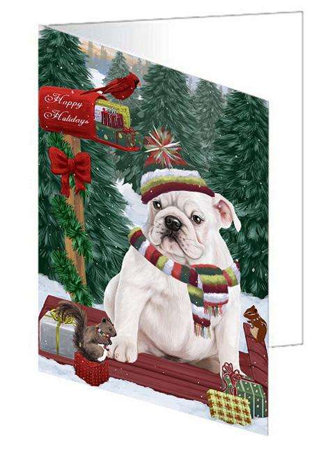 Merry Christmas Woodland Sled Bulldog Handmade Artwork Assorted Pets Greeting Cards and Note Cards with Envelopes for All Occasions and Holiday Seasons GCD69143