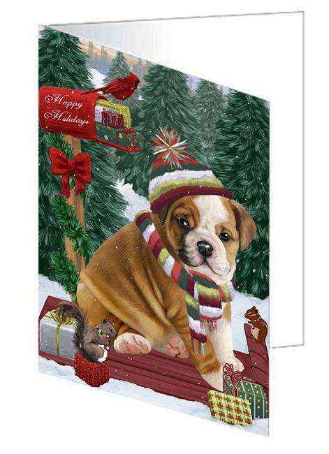 Merry Christmas Woodland Sled Bulldog Handmade Artwork Assorted Pets Greeting Cards and Note Cards with Envelopes for All Occasions and Holiday Seasons GCD69146