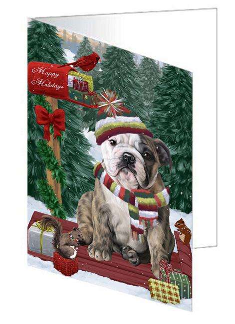 Merry Christmas Woodland Sled Bulldog Handmade Artwork Assorted Pets Greeting Cards and Note Cards with Envelopes for All Occasions and Holiday Seasons GCD69149
