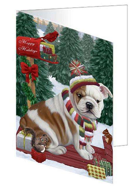 Merry Christmas Woodland Sled Bulldog Handmade Artwork Assorted Pets Greeting Cards and Note Cards with Envelopes for All Occasions and Holiday Seasons GCD69152