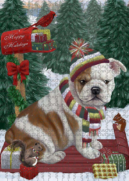 Merry Christmas Woodland Sled Bulldog Puzzle with Photo Tin PUZL87596