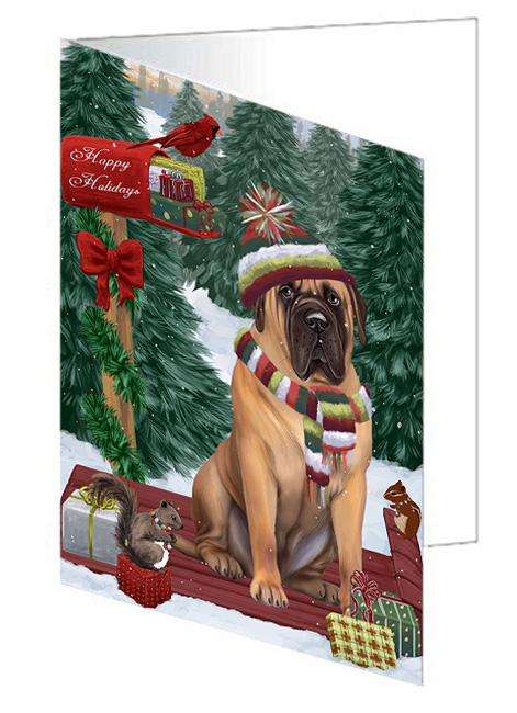 Merry Christmas Woodland Sled Bullmastiff Dog Handmade Artwork Assorted Pets Greeting Cards and Note Cards with Envelopes for All Occasions and Holiday Seasons GCD69155