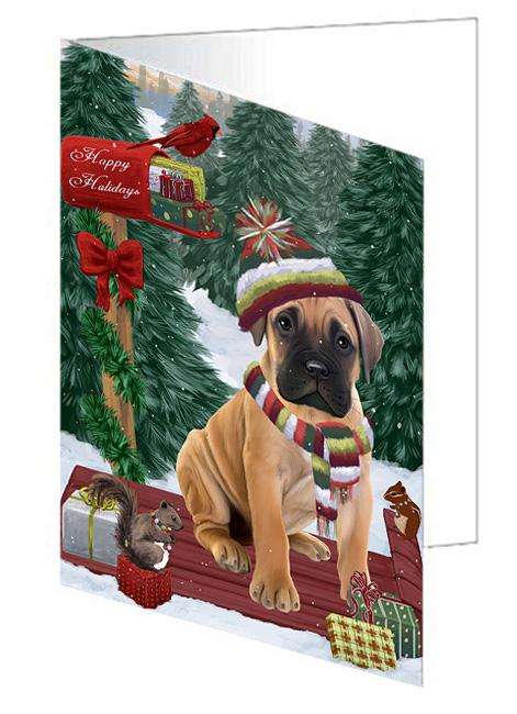 Merry Christmas Woodland Sled Bullmastiff Dog Handmade Artwork Assorted Pets Greeting Cards and Note Cards with Envelopes for All Occasions and Holiday Seasons GCD69158