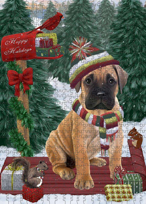 Merry Christmas Woodland Sled Bullmastiff Dog Puzzle with Photo Tin PUZL87604