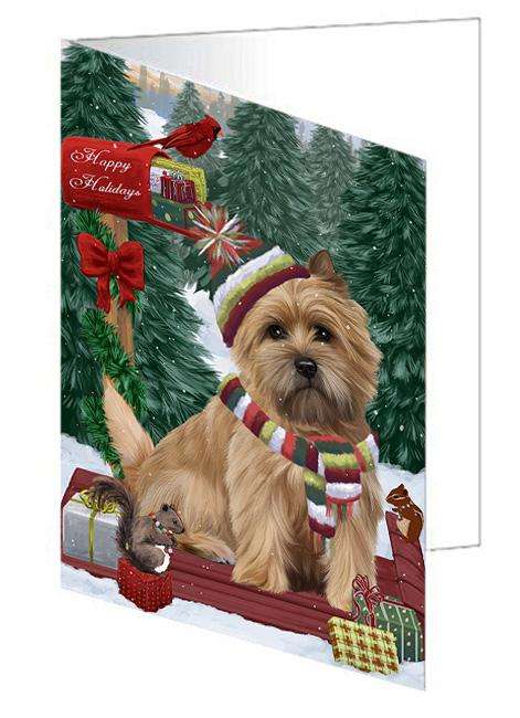 Merry Christmas Woodland Sled Cairn Terrier Dog Handmade Artwork Assorted Pets Greeting Cards and Note Cards with Envelopes for All Occasions and Holiday Seasons GCD69161