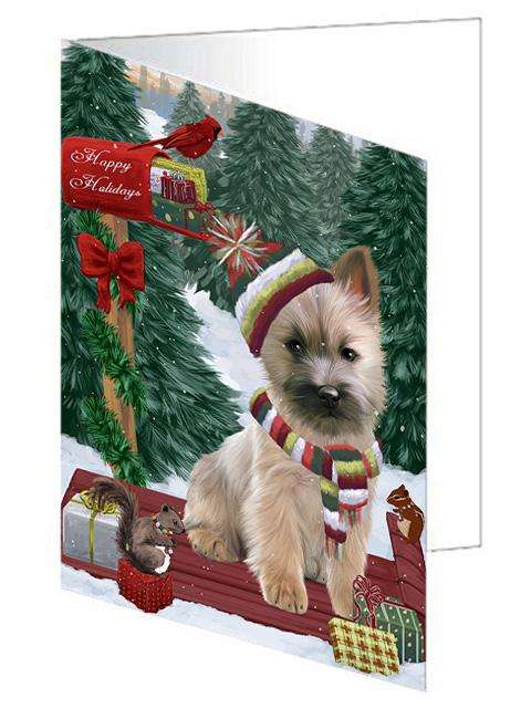 Merry Christmas Woodland Sled Cairn Terrier Dog Handmade Artwork Assorted Pets Greeting Cards and Note Cards with Envelopes for All Occasions and Holiday Seasons GCD69164