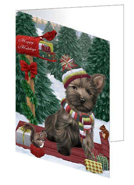 Merry Christmas Woodland Sled Cairn Terrier Dog Handmade Artwork Assorted Pets Greeting Cards and Note Cards with Envelopes for All Occasions and Holiday Seasons GCD69167