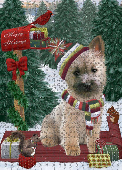 Merry Christmas Woodland Sled Cairn Terrier Dog Puzzle with Photo Tin PUZL87612