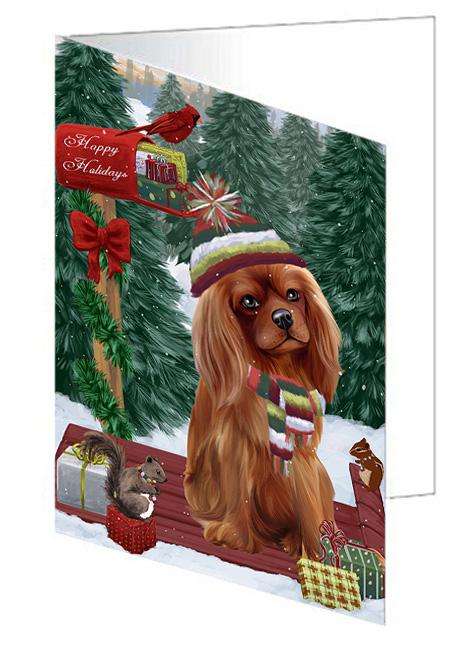 Merry Christmas Woodland Sled Cavalier King Charles Spaniel Dog Handmade Artwork Assorted Pets Greeting Cards and Note Cards with Envelopes for All Occasions and Holiday Seasons GCD69176