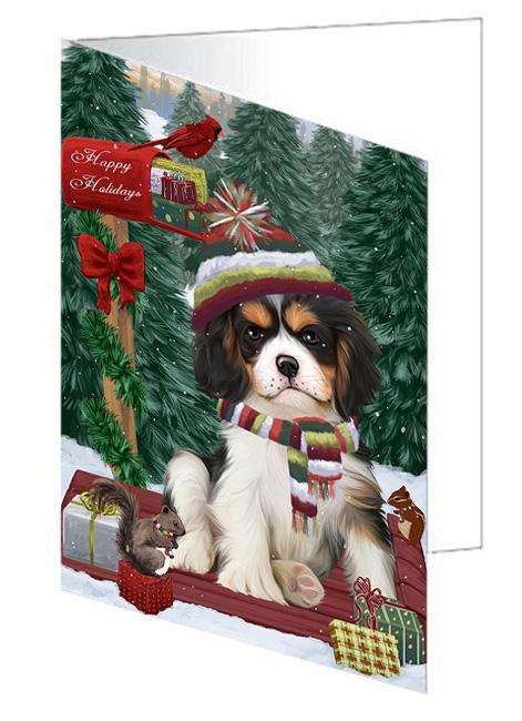 Merry Christmas Woodland Sled Cavalier King Charles Spaniel Dog Handmade Artwork Assorted Pets Greeting Cards and Note Cards with Envelopes for All Occasions and Holiday Seasons GCD69185